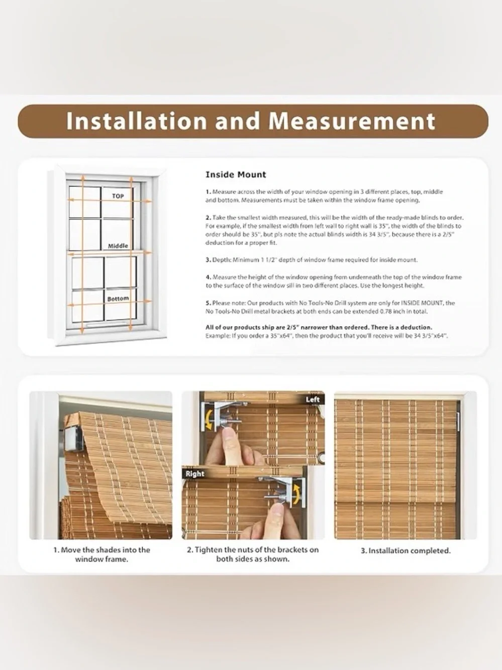 LIKE NEW LazBlinds Cordless Roman Shades color: Bamboo 206 24” x 48”